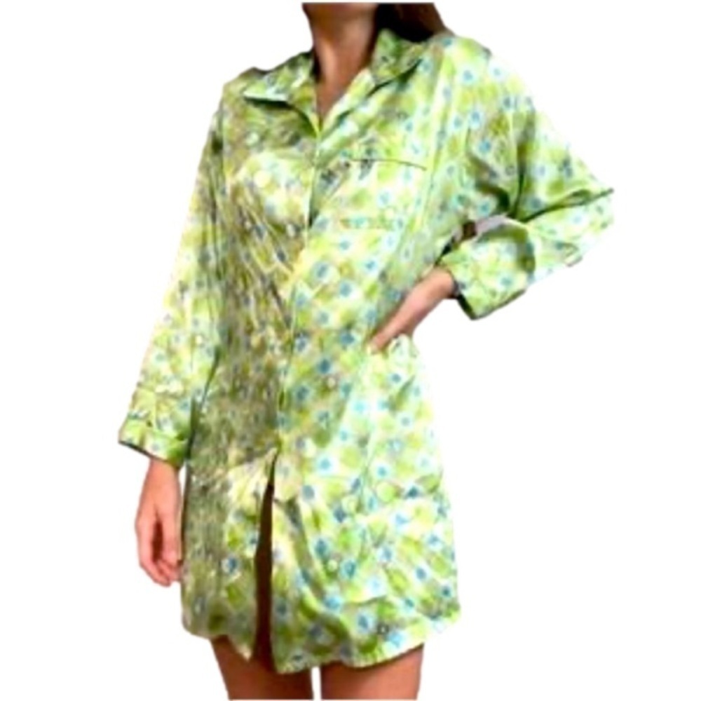 VICTORIA’S SECRET Sleep Shirt Long Sleeve Pocket Satin Floral Green/Blue Women L